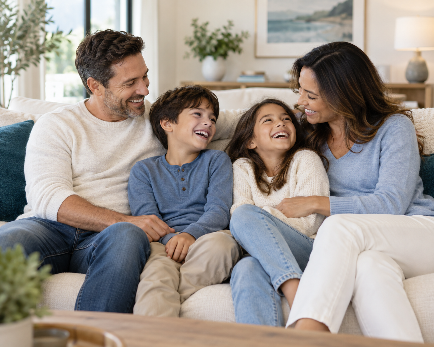 A family enjoying time together on their sofa